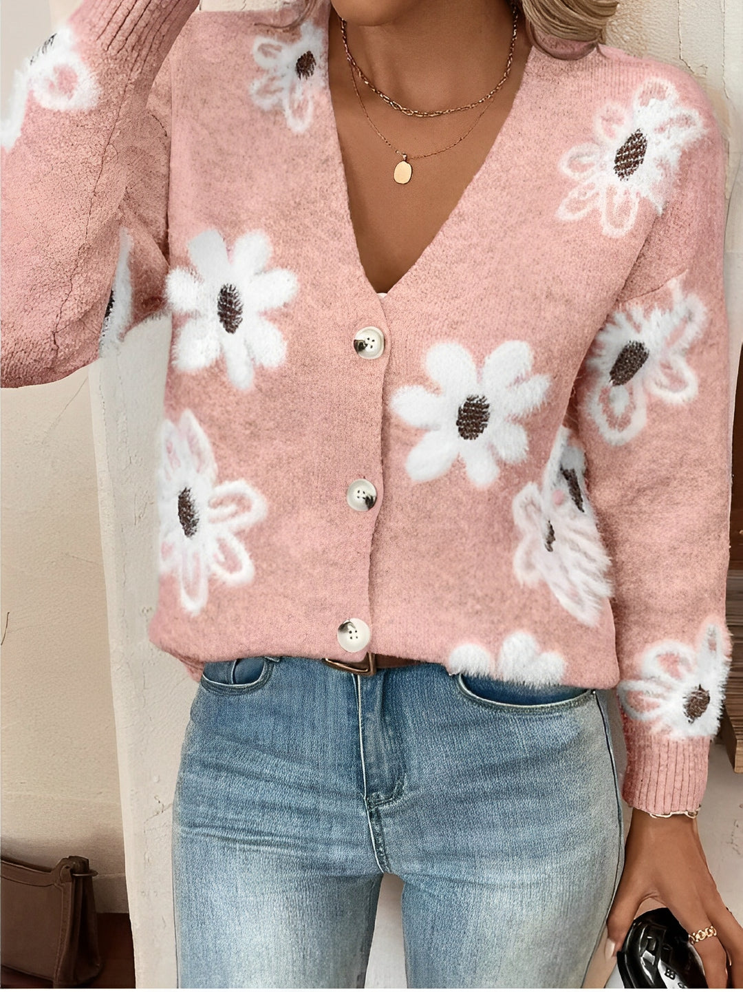 Angelica - Elegante Strickjacke mit floralem Muster und Knöpfen